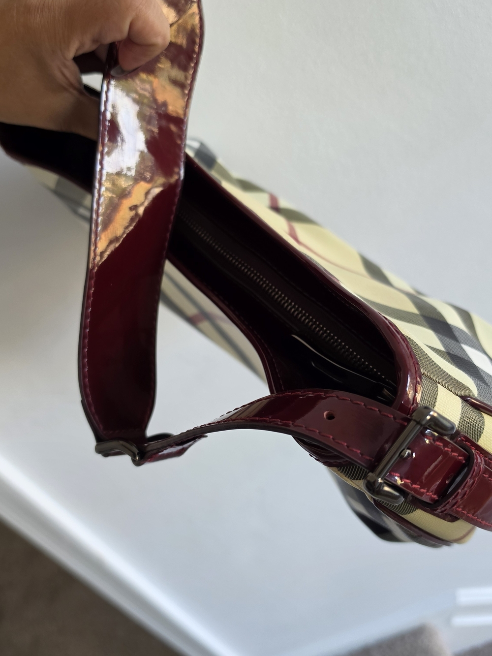 Burberry Shoulder Bag With Burgandy Patent Leather Trim-Almost Brand New - Picture 6 of 7